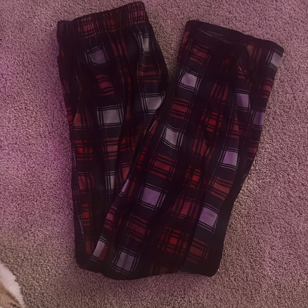 Red, black and gray pajama pants.